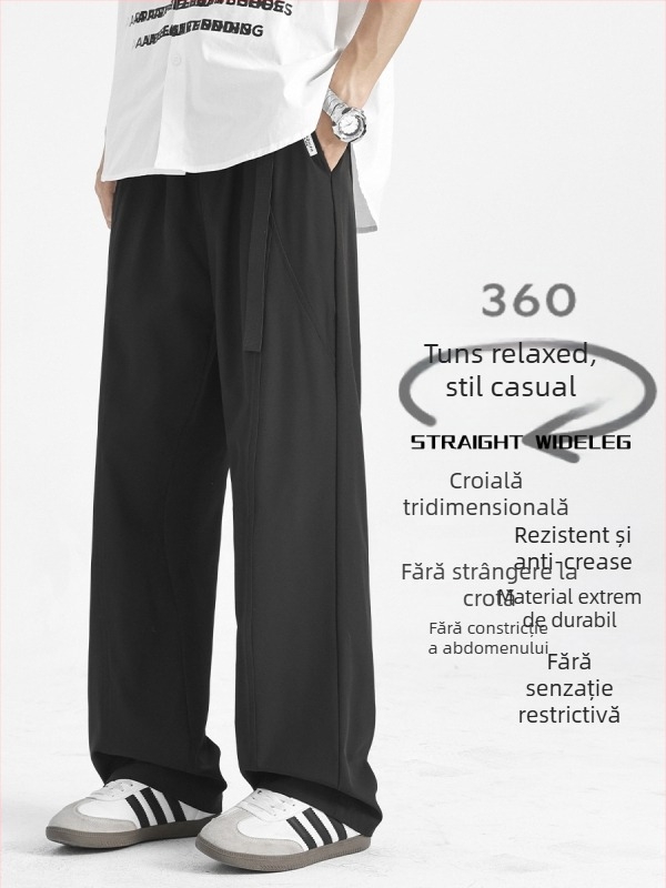 Pantaloni unisex în stil american, cu patchwork deconstruit, curea încorporată cu nasture, croială lejeră drept, poliester 92%, toamnă 2025