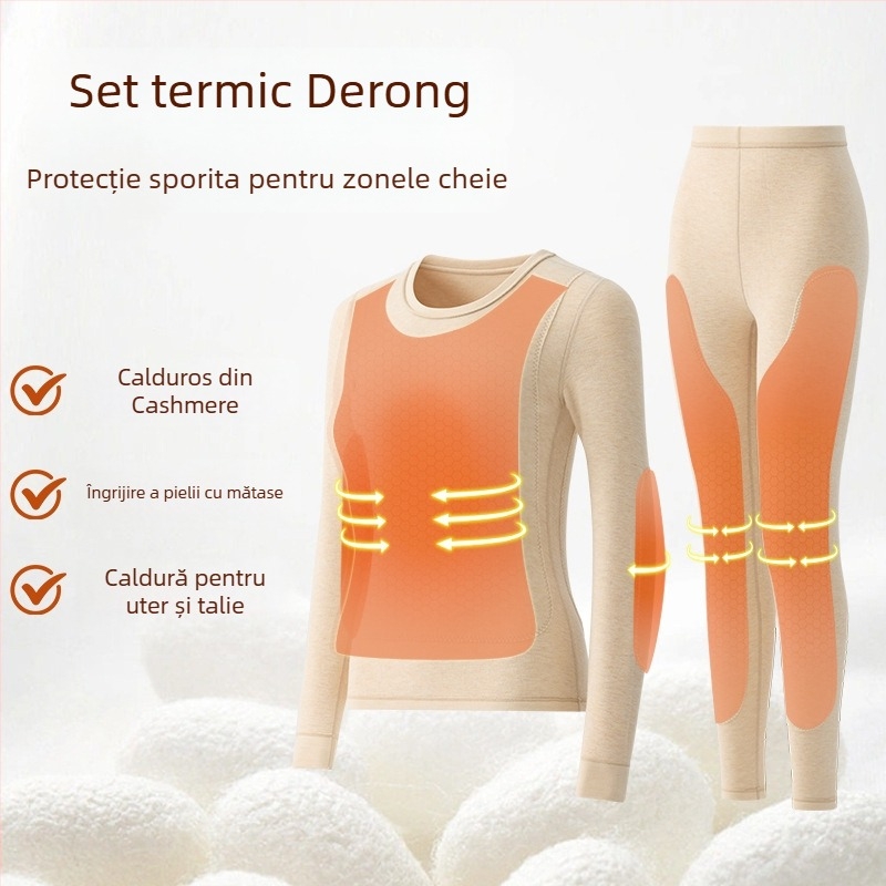 Set termic unisex cu căptușeală din catifea, material acrilic Derong, dublu strat, grosime extra 401–500 g/m², guler rotund, mâneci lungi, set sus și jos