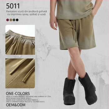 Artie Pantaloni scurți unisex din bumbac 100%, țesătură waffle, 325 g, vopsiți cu spray, spălați, aspect uzat, tiv franjat