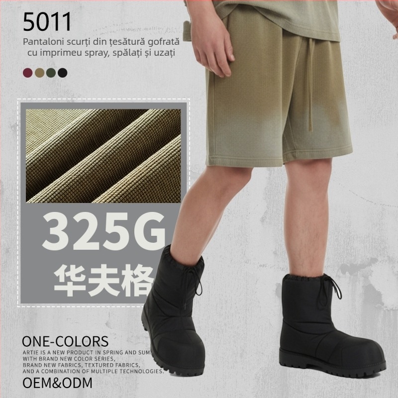 Artie Pantaloni scurți unisex din bumbac 100%, țesătură waffle, 325 g, vopsiți cu spray, spălați, aspect uzat, tiv franjat