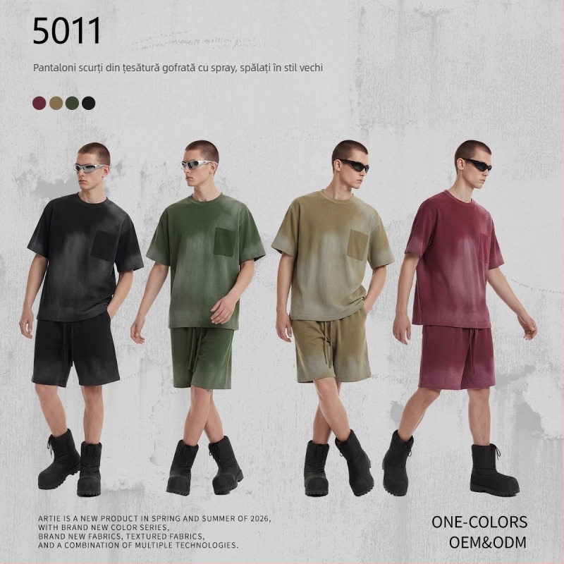 Artie Pantaloni scurți unisex din bumbac 100%, țesătură waffle, 325 g, vopsiți cu spray, spălați, aspect uzat, tiv franjat