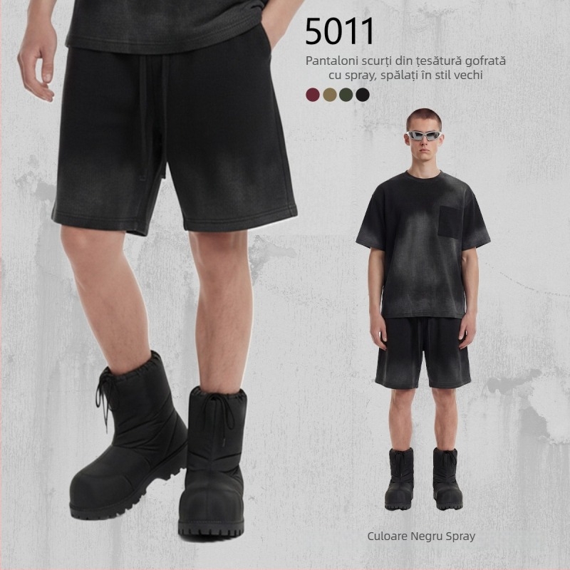 Artie Pantaloni scurți unisex din bumbac 100%, țesătură waffle, 325 g, vopsiți cu spray, spălați, aspect uzat, tiv franjat