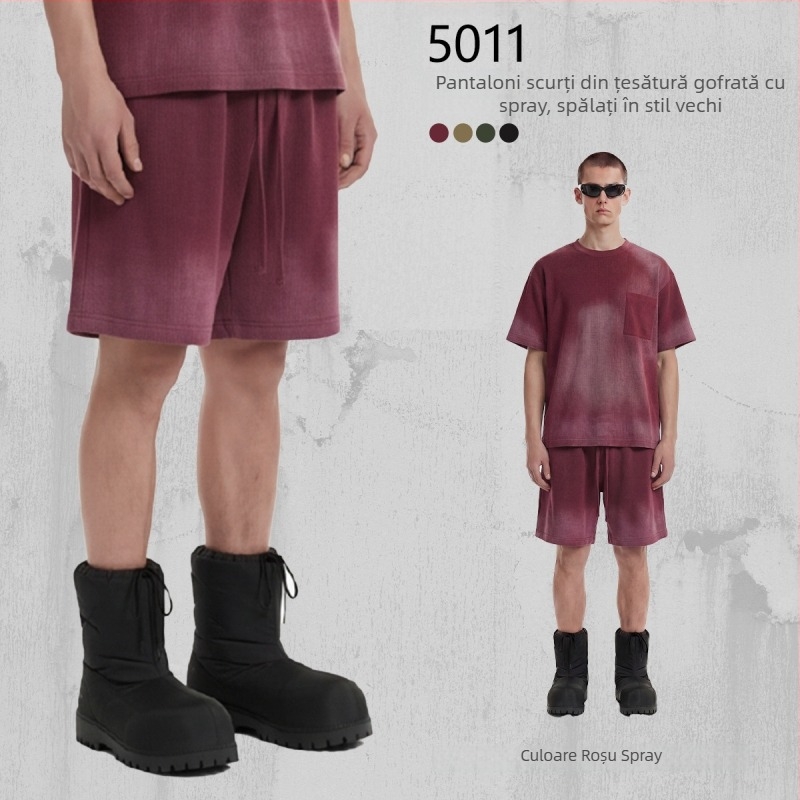 Artie Pantaloni scurți unisex din bumbac 100%, țesătură waffle, 325 g, vopsiți cu spray, spălați, aspect uzat, tiv franjat