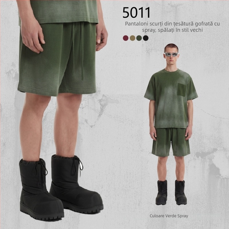 Artie Pantaloni scurți unisex din bumbac 100%, țesătură waffle, 325 g, vopsiți cu spray, spălați, aspect uzat, tiv franjat