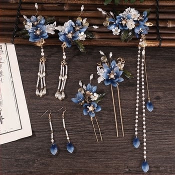 Set de accesorii pentru păr în stil antic, albastru, pentru hanfu, cu ciucuri