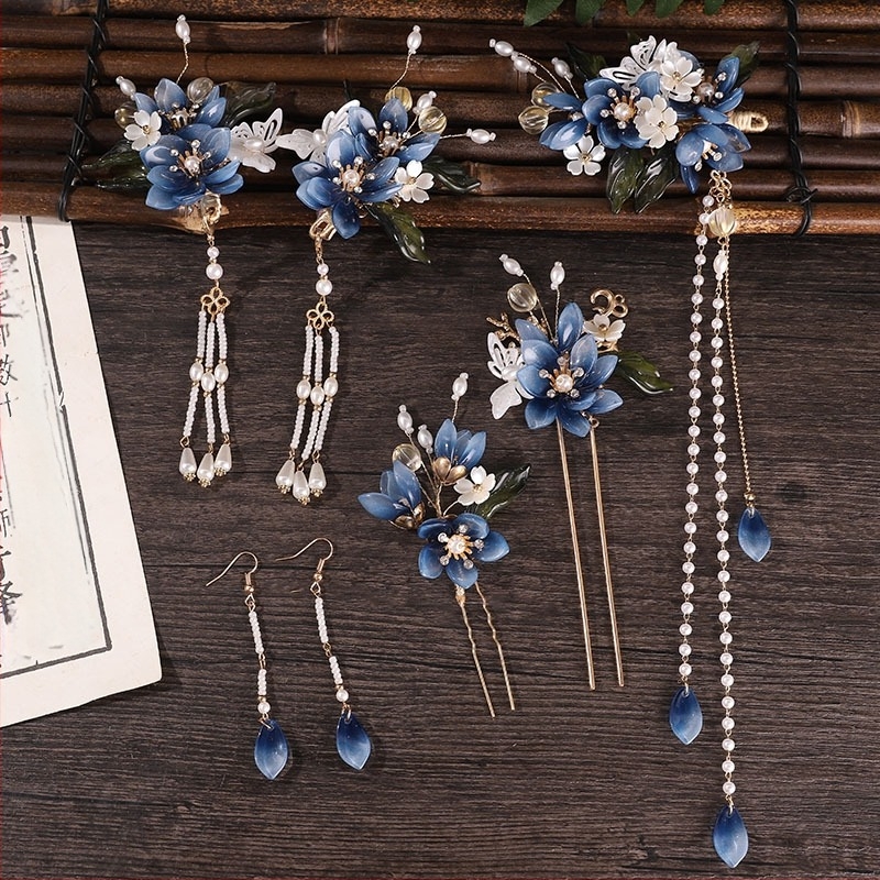 Set de accesorii pentru păr în stil antic, albastru, pentru hanfu, cu ciucuri