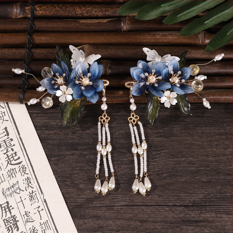 Set de accesorii pentru păr în stil antic, albastru, pentru hanfu, cu ciucuri