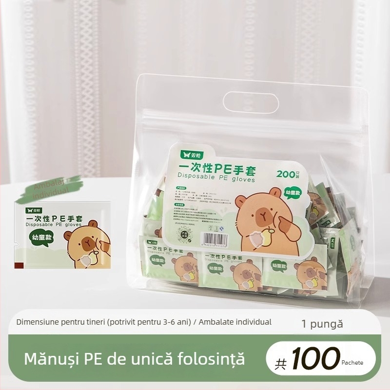 Mănuși de unică folosință pentru copii, de calitate alimentară, ambalate individual, PE întărite, transparente, anti-alunecare, pentru picnic în aer liber