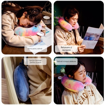 Pernă U pentru gât, cu umplutură din spumă memory, husă Crystal Velvet, stil desen animat, pentru adulți, potrivită pentru zbor cu avionul