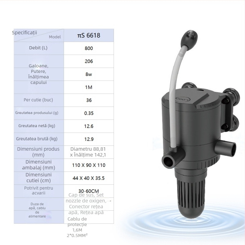 Haiyi pompă submersibilă pentru acvariu, cu filtru și aerare — design vertical, 3-in-1, greutate 0,375 kg