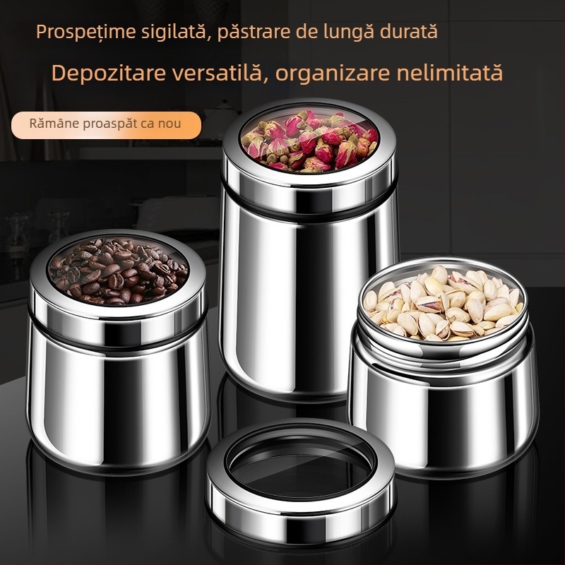 Borcan sigilat din oțel inoxidabil 316 pentru boabe de cafea și ceai, formă rotundă, 1–2 L, stil modern minimalist, personalizare disponibilă