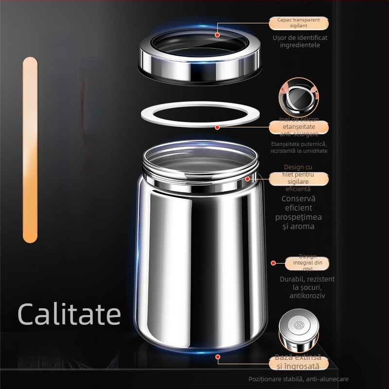 Borcan sigilat din oțel inoxidabil 316 pentru boabe de cafea și ceai, formă rotundă, 1–2 L, stil modern minimalist, personalizare disponibilă