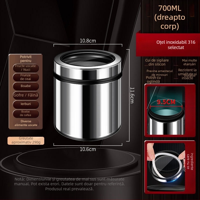 Borcan sigilat din oțel inoxidabil 316 pentru boabe de cafea și ceai, formă rotundă, 1–2 L, stil modern minimalist, personalizare disponibilă