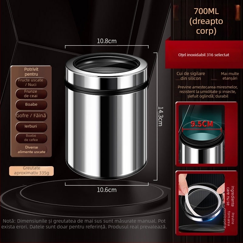 Borcan sigilat din oțel inoxidabil 316 pentru boabe de cafea și ceai, formă rotundă, 1–2 L, stil modern minimalist, personalizare disponibilă