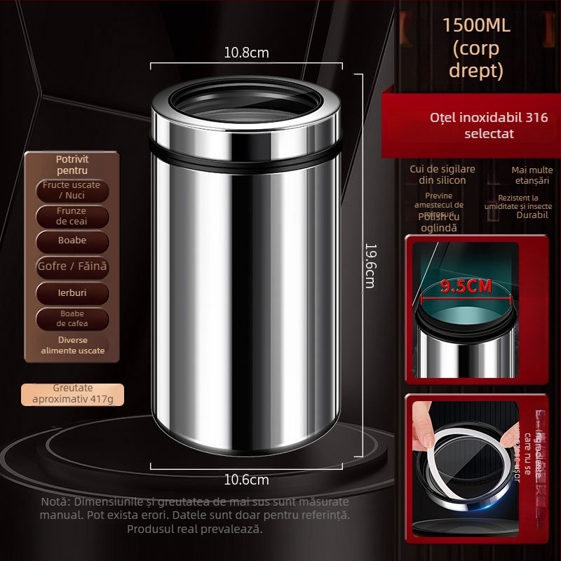 Borcan sigilat din oțel inoxidabil 316 pentru boabe de cafea și ceai, formă rotundă, 1–2 L, stil modern minimalist, personalizare disponibilă