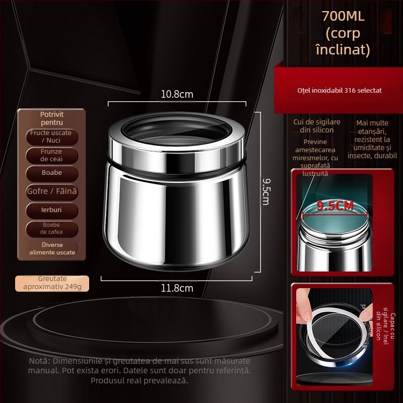 Borcan sigilat din oțel inoxidabil 316 pentru boabe de cafea și ceai, formă rotundă, 1–2 L, stil modern minimalist, personalizare disponibilă