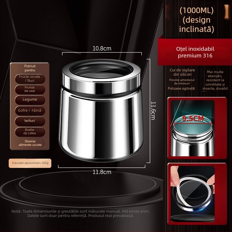 Borcan sigilat din oțel inoxidabil 316 pentru boabe de cafea și ceai, formă rotundă, 1–2 L, stil modern minimalist, personalizare disponibilă
