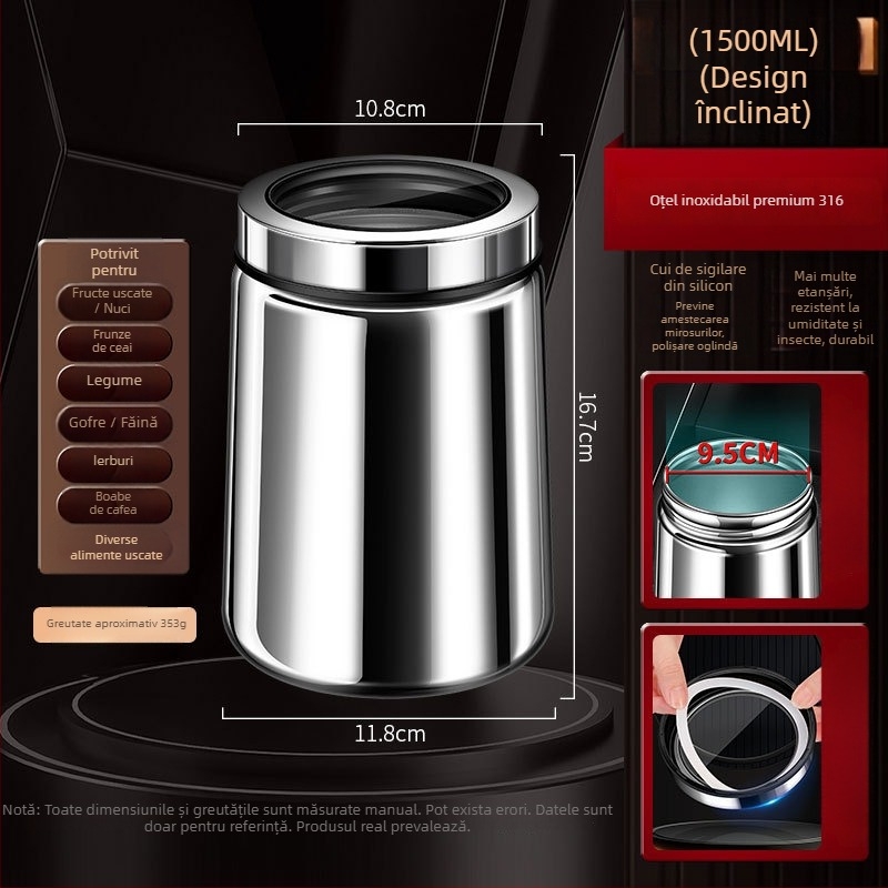 Borcan sigilat din oțel inoxidabil 316 pentru boabe de cafea și ceai, formă rotundă, 1–2 L, stil modern minimalist, personalizare disponibilă