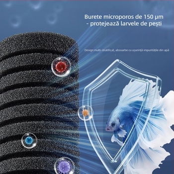 Pompă de oxigenare pentru acvariu, cu funcție trei în unu încorporată: oxigenare, circulație a apei și filtrare; Material: plastic; Filtru: vată de filtrare