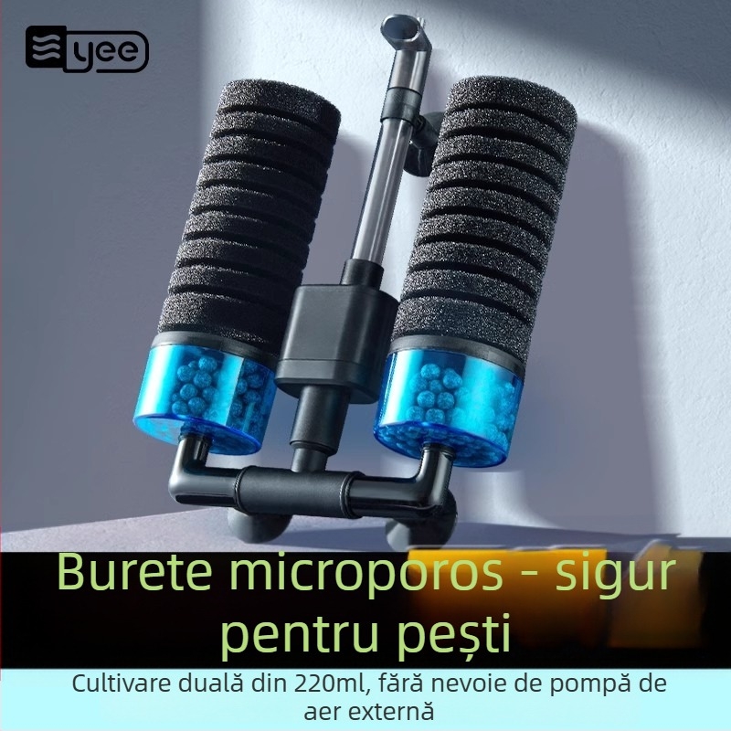 Pompă de oxigenare pentru acvariu, cu funcție trei în unu încorporată: oxigenare, circulație a apei și filtrare; Material: plastic; Filtru: vată de filtrare