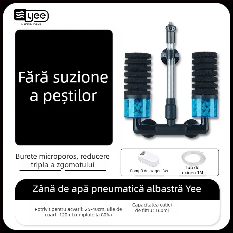 Pompă de oxigenare pentru acvariu, cu funcție trei în unu încorporată: oxigenare, circulație a apei și filtrare; Material: plastic; Filtru: vată de filtrare