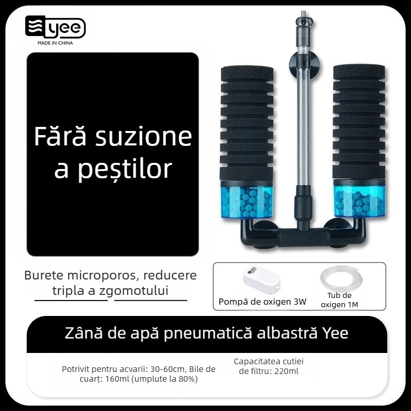 Pompă de oxigenare pentru acvariu, cu funcție trei în unu încorporată: oxigenare, circulație a apei și filtrare; Material: plastic; Filtru: vată de filtrare
