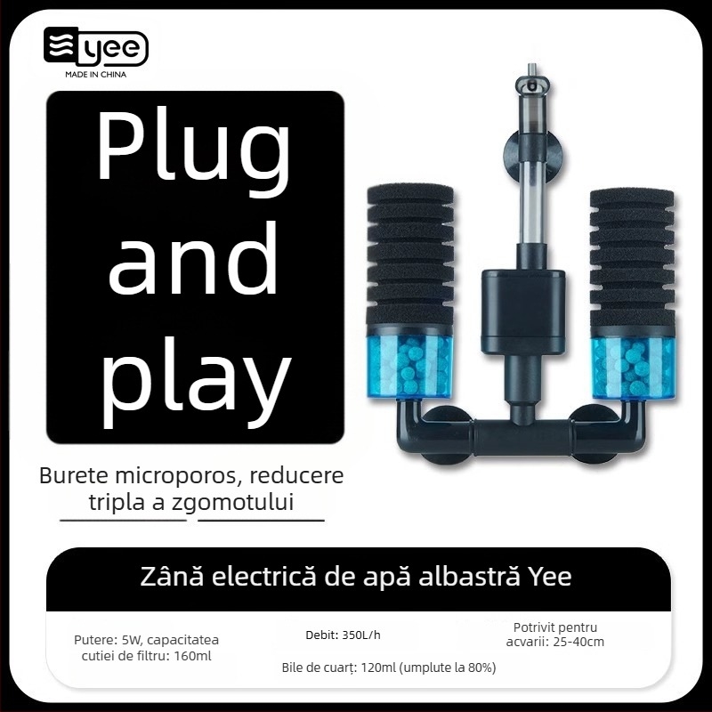 Pompă de oxigenare pentru acvariu, cu funcție trei în unu încorporată: oxigenare, circulație a apei și filtrare; Material: plastic; Filtru: vată de filtrare