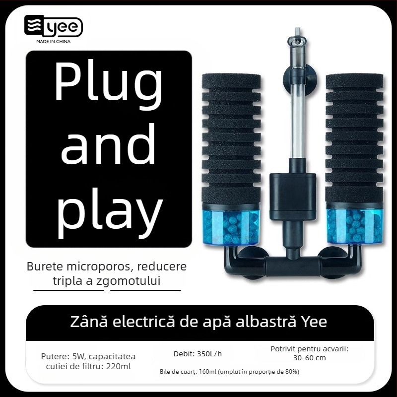 Pompă de oxigenare pentru acvariu, cu funcție trei în unu încorporată: oxigenare, circulație a apei și filtrare; Material: plastic; Filtru: vată de filtrare