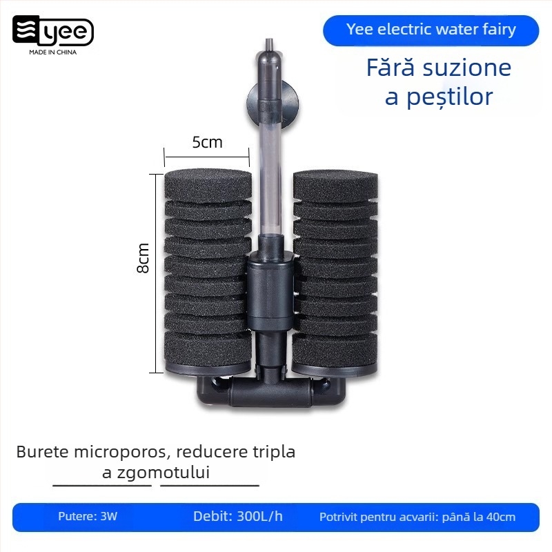Pompă de oxigenare pentru acvariu, cu funcție trei în unu încorporată: oxigenare, circulație a apei și filtrare; Material: plastic; Filtru: vată de filtrare