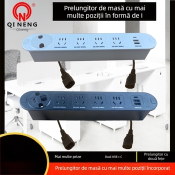Qineng prelungitor încorporat pentru birou, prize cu două fețe, conectare în cascadă, porturi USB și USB-C