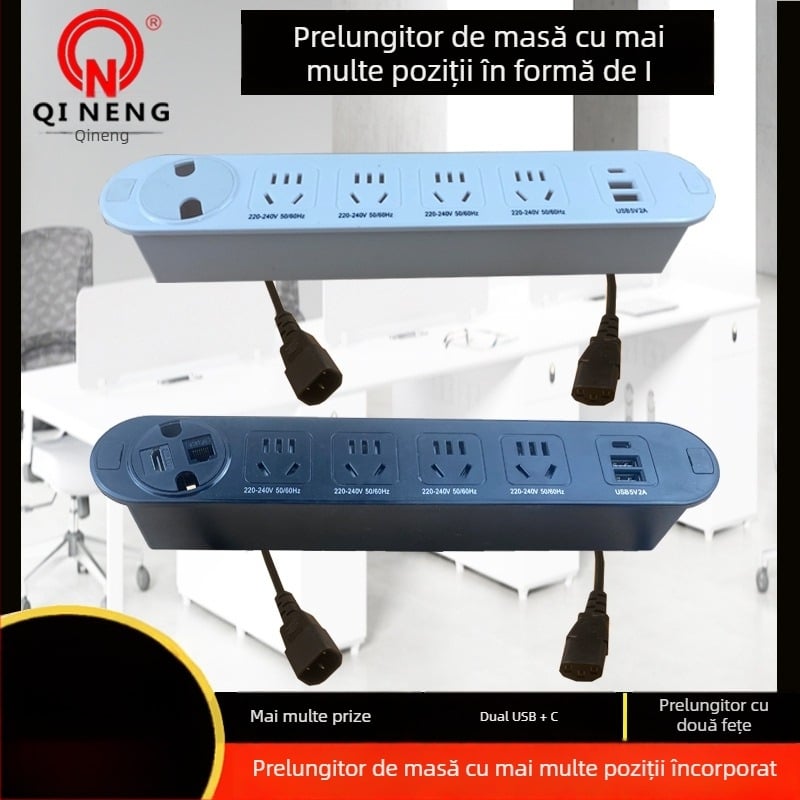 Qineng prelungitor încorporat pentru birou, prize cu două fețe, conectare în cascadă, porturi USB și USB-C