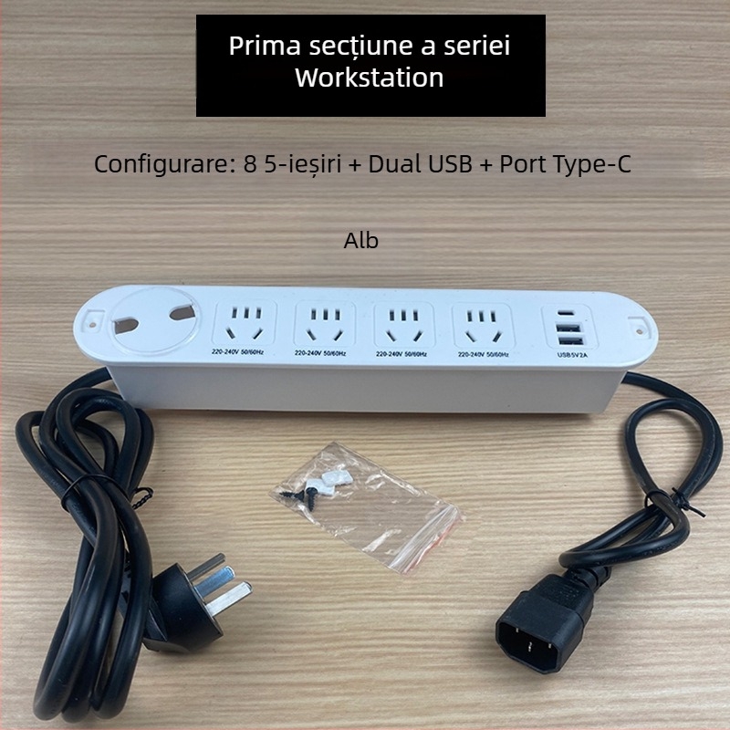 Qineng prelungitor încorporat pentru birou, prize cu două fețe, conectare în cascadă, porturi USB și USB-C