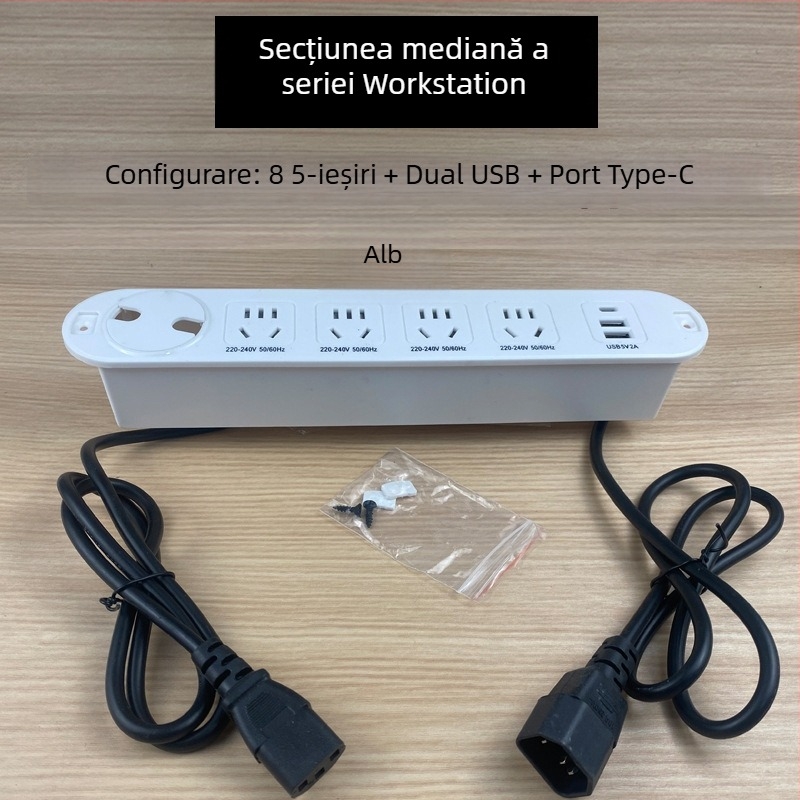 Qineng prelungitor încorporat pentru birou, prize cu două fețe, conectare în cascadă, porturi USB și USB-C