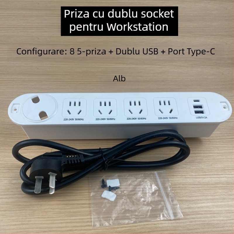 Qineng prelungitor încorporat pentru birou, prize cu două fețe, conectare în cascadă, porturi USB și USB-C