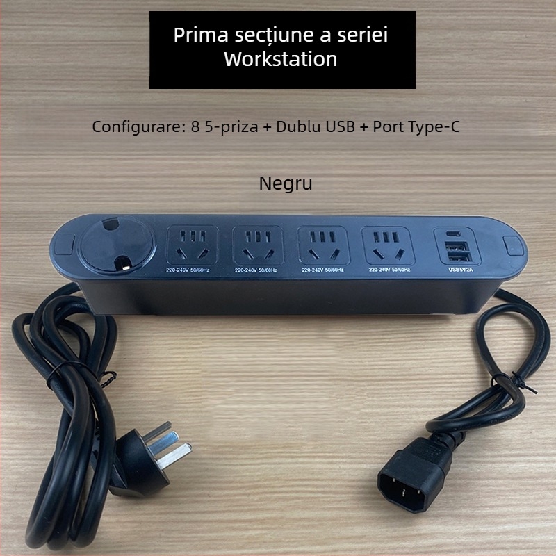 Qineng prelungitor încorporat pentru birou, prize cu două fețe, conectare în cascadă, porturi USB și USB-C