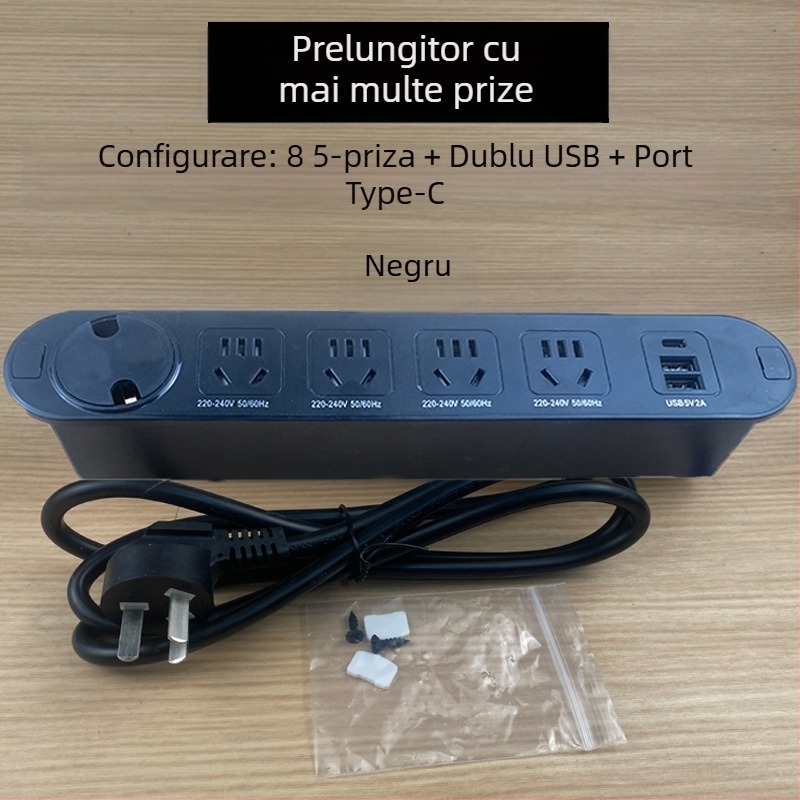 Qineng prelungitor încorporat pentru birou, prize cu două fețe, conectare în cascadă, porturi USB și USB-C