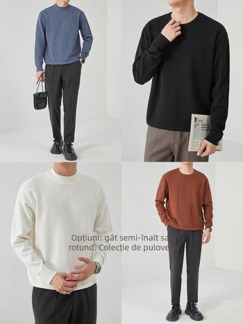 Pulover tricotat pentru bărbați, guler rotund, croială Slim Fit, mânecă lungă, respirabil și cald