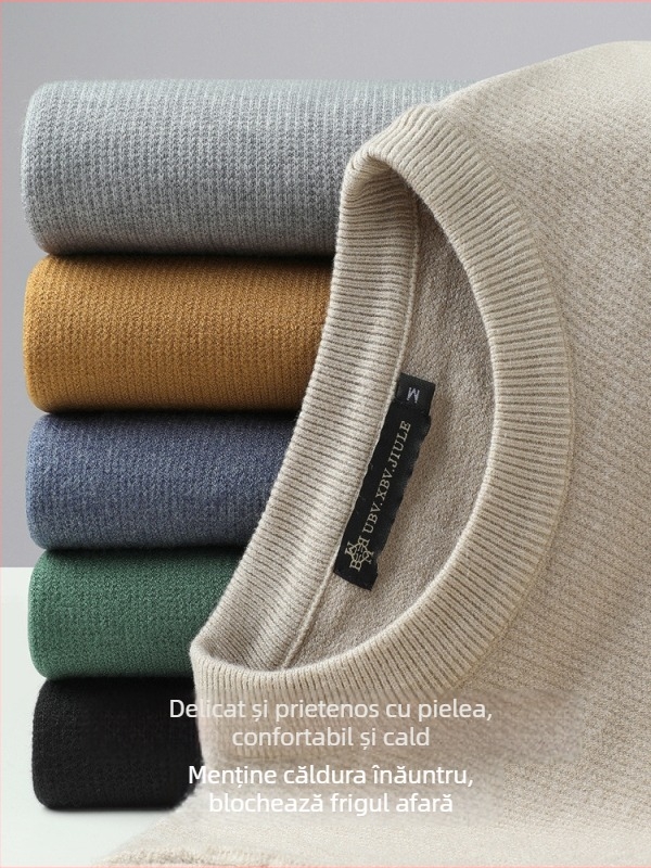 Pulover tricotat pentru bărbați, guler rotund, croială Slim Fit, mânecă lungă, respirabil și cald
