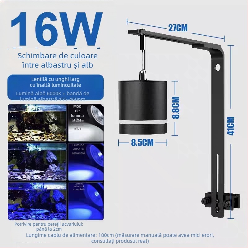 Lampa LED pentru acvariu cu spectru complet, aliaj de aluminiu, 16W, reglaj în trei culori, controlul algelor și iluminare pentru plante acvatice