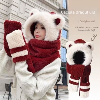 Căciulă cu urechi de urs, fular și mănuși – set din trei piese, poliester, unisex, pentru iarnă-primăvară-toamnă, vopsire tie-dye