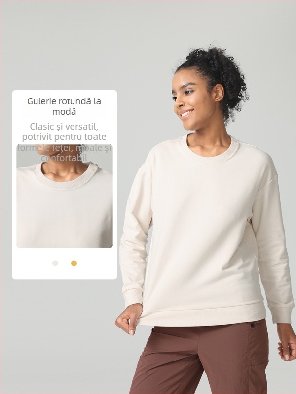 Pulover din amestec de bumbac, mâneci lungi, guler rotund, model solid, croială lejeră, top sport de toamnă