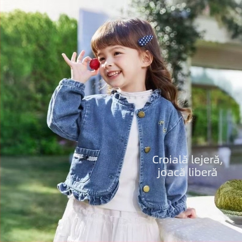 Palton din denim pentru fete – Casual, primăvară-toamnă, închidere cu nasturi pe un rând, stil cowboy, pentru copii peste 8 ani