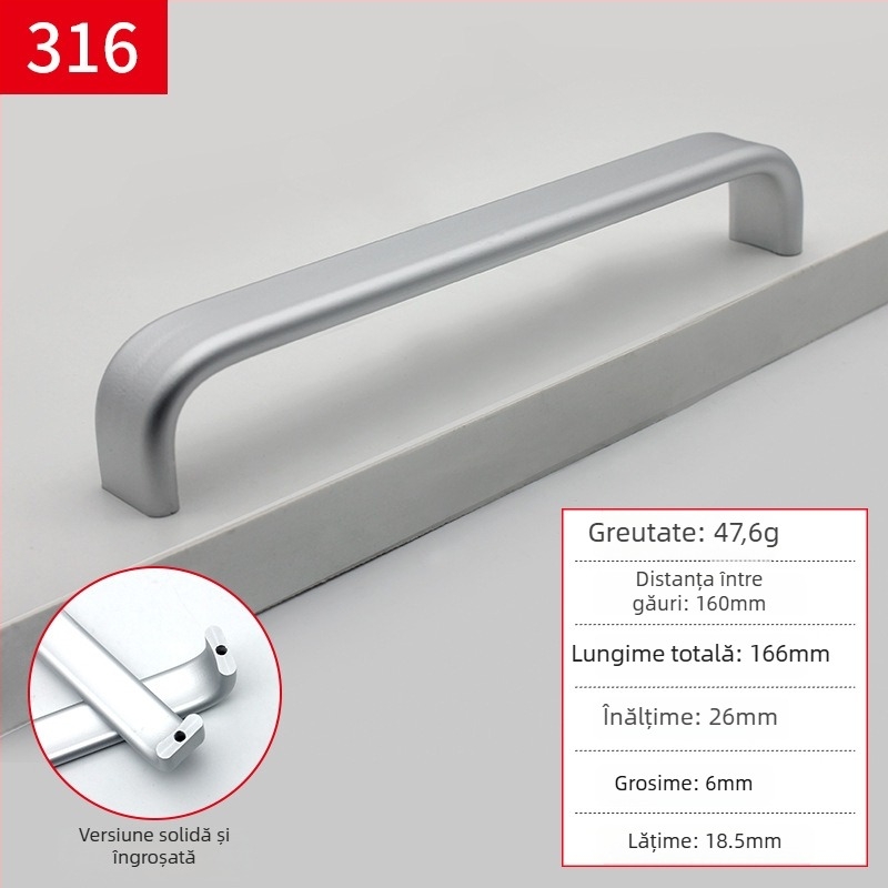 Mâner pentru mobilier din aliaj de aluminiu, design tip bară, finisaj anodizat, model 316, stil modern minimalist, montaj pe suprafață
