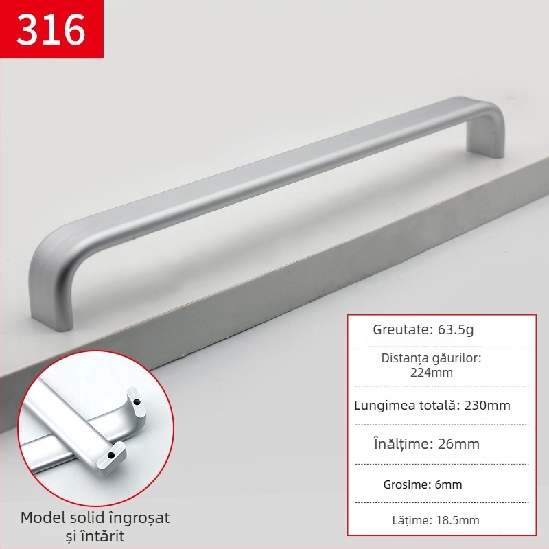 Mâner pentru mobilier din aliaj de aluminiu, design tip bară, finisaj anodizat, model 316, stil modern minimalist, montaj pe suprafață