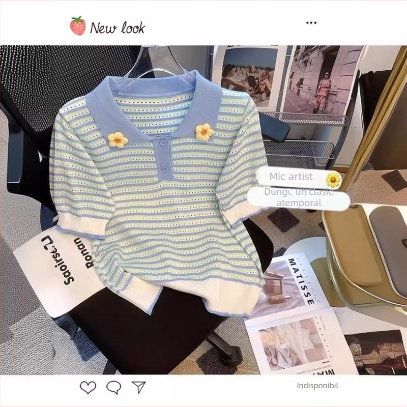 Tricou polo pentru fete, din tricot, vară 2024, pentru 8+ ani