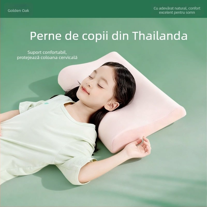 Perne de copii din latex cu susținere pentru gât - latex natural 90%+, formă dreptunghiulară, husă din fibre sintetice, potrivită pentru toate sezoanele