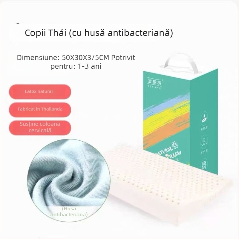 Perne de copii din latex cu susținere pentru gât - latex natural 90%+, formă dreptunghiulară, husă din fibre sintetice, potrivită pentru toate sezoanele