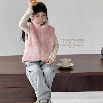 Vesta fleece pentru copii, fermoar frontal, exterior fleece 100% poliester, căptușeală poliester, fără glugă, stil cardigan lejer, pentru copii 3–8 ani, potrivită pentru iarnă, primăvară și toamnă