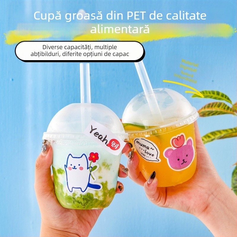 Pahar de unică folosință pentru ceai cu lapte, cu capac, recipient transparent pentru băuturi reci, ceai cu lămâie și suc de fructe