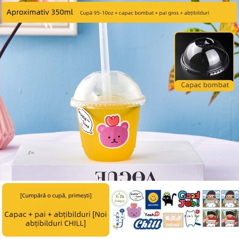 Pahar de unică folosință pentru ceai cu lapte, cu capac, recipient transparent pentru băuturi reci, ceai cu lămâie și suc de fructe